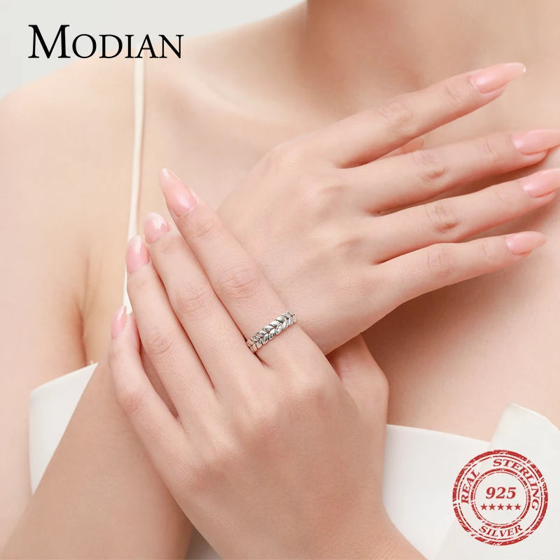 MODIAN 2024 Real 925 Sterling Silver Lucky Leaves Stackable Finger Ring Vintage Wheat Stud Earrings For Women Fine Jewelry Sets