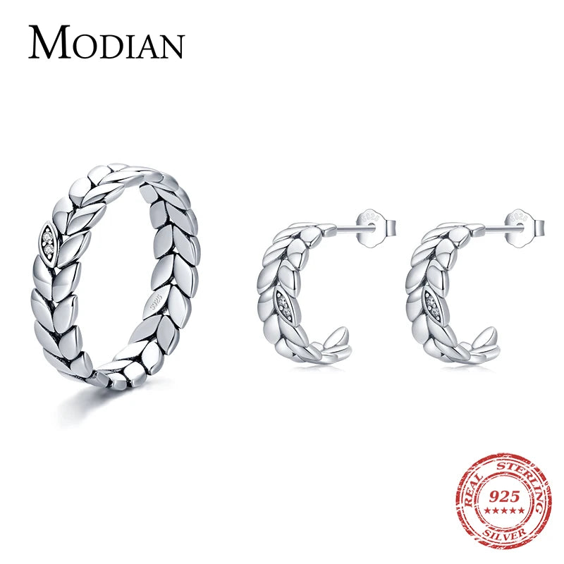 MODIAN 2024 Real 925 Sterling Silver Lucky Leaves Stackable Finger Ring Vintage Wheat Stud Earrings For Women Fine Jewelry Sets
