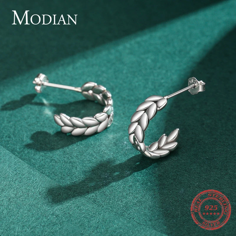 MODIAN 2024 Real 925 Sterling Silver Lucky Leaves Stackable Finger Ring Vintage Wheat Stud Earrings For Women Fine Jewelry Sets