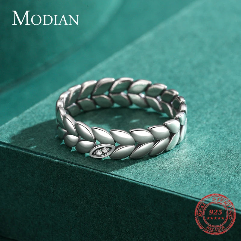 MODIAN 2024 Real 925 Sterling Silver Lucky Leaves Stackable Finger Ring Vintage Wheat Stud Earrings For Women Fine Jewelry Sets