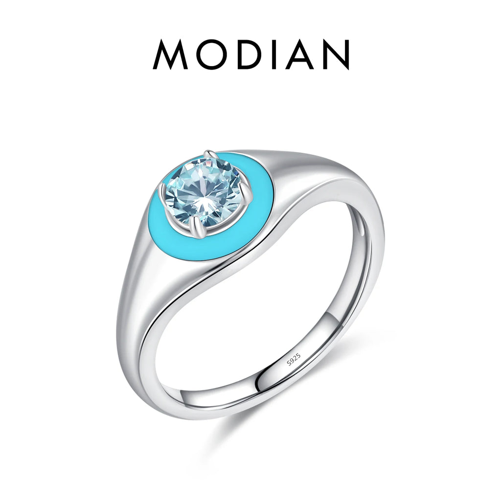 MODIAN 925 Sterling Silver Colorful Enamel Zirconia Signet Finger Ring For Women Daily Accessories Fine Jewelry