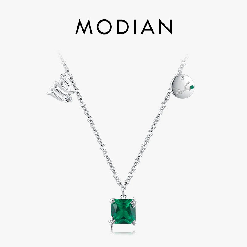 MODIAN 925 Sterling Silver Constellation Virgo Symbol Brand Necklace Chain Dazzling Shiny Square CZ Pendant Fine Jewelry