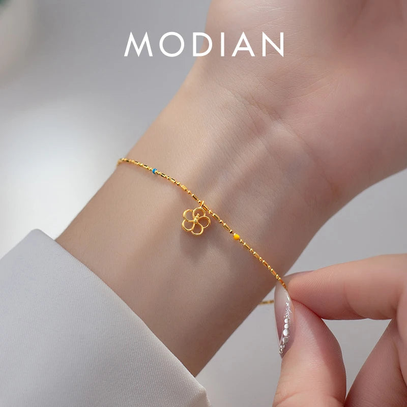 MODIAN 925 Sterling Silver Cute Flower Link Chain Bracelet For Trendy Gold Color Enamel Bracelets For Women Fine Jewelry Gift