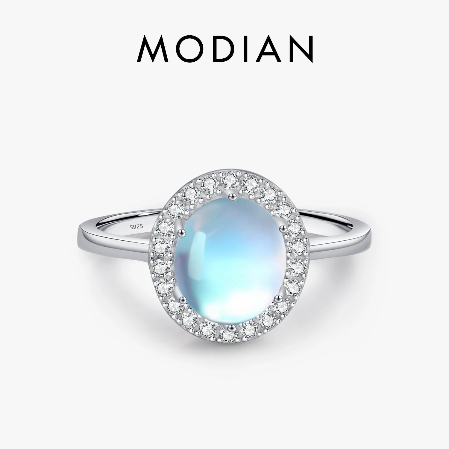 MODIAN 925 Sterling Silver Delicate Luxurt Oval Moonstone Party Finger Ring Shiny Rainbow Color Fine Jewlry For Women Gift