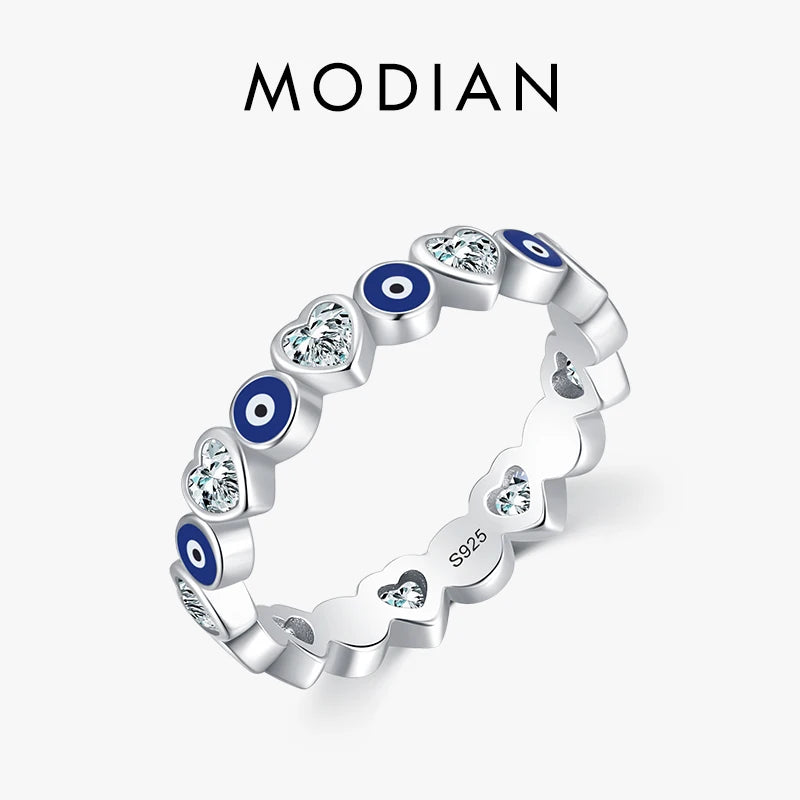 MODIAN 925 Sterling Silver Enamel Blue Eyes Ring For Women Romantic Heart Stackable Ring Fine Jewerlry Birthday Gifts