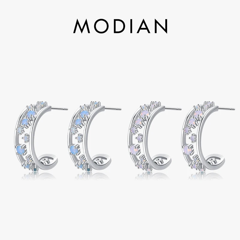 MODIAN 925 Sterling Silver Hollow Out C Hoop Stud Earrings For Women Delicate Pink Blue Opals Ear Pins Fine Jewelry