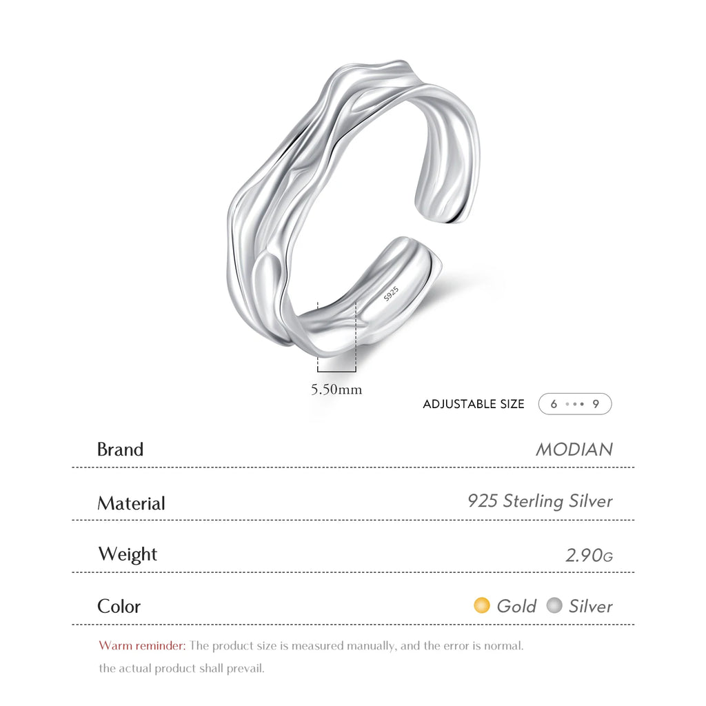 MODIAN 925 Sterling Silver Geometric Lines Texture Open Size 6-9 Finger Rings Trendy Gold Color Stackable Fine Jewelry For Women