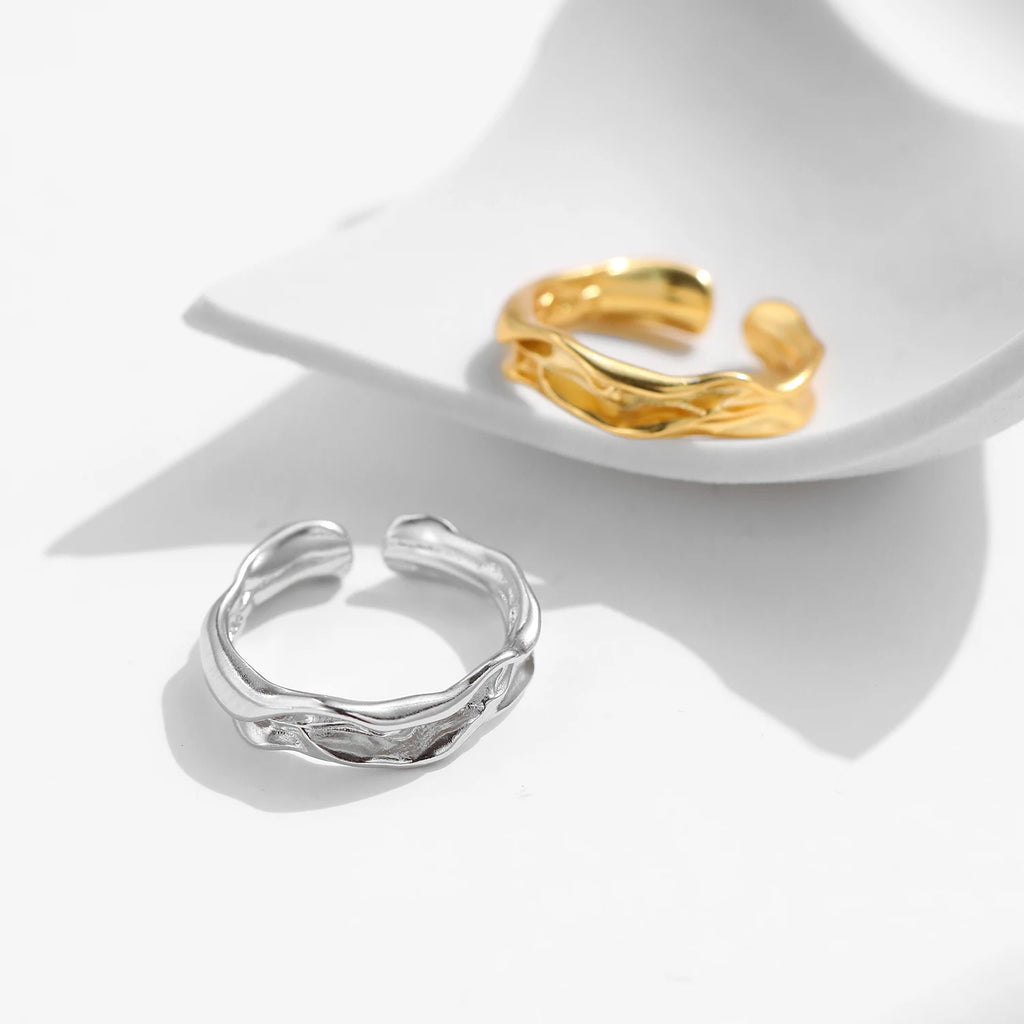 MODIAN 925 Sterling Silver Geometric Lines Texture Open Size 6-9 Finger Rings Trendy Gold Color Stackable Fine Jewelry For Women