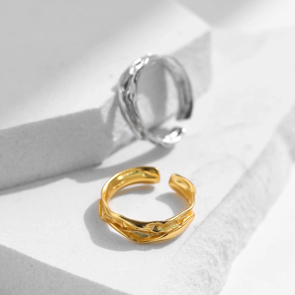 MODIAN 925 Sterling Silver Geometric Lines Texture Open Size 6-9 Finger Rings Trendy Gold Color Stackable Fine Jewelry For Women