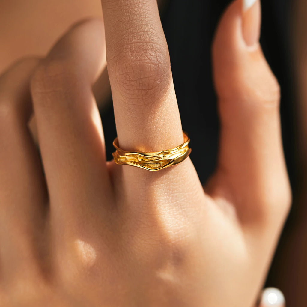 MODIAN 925 Sterling Silver Geometric Lines Texture Open Size 6-9 Finger Rings Trendy Gold Color Stackable Fine Jewelry For Women