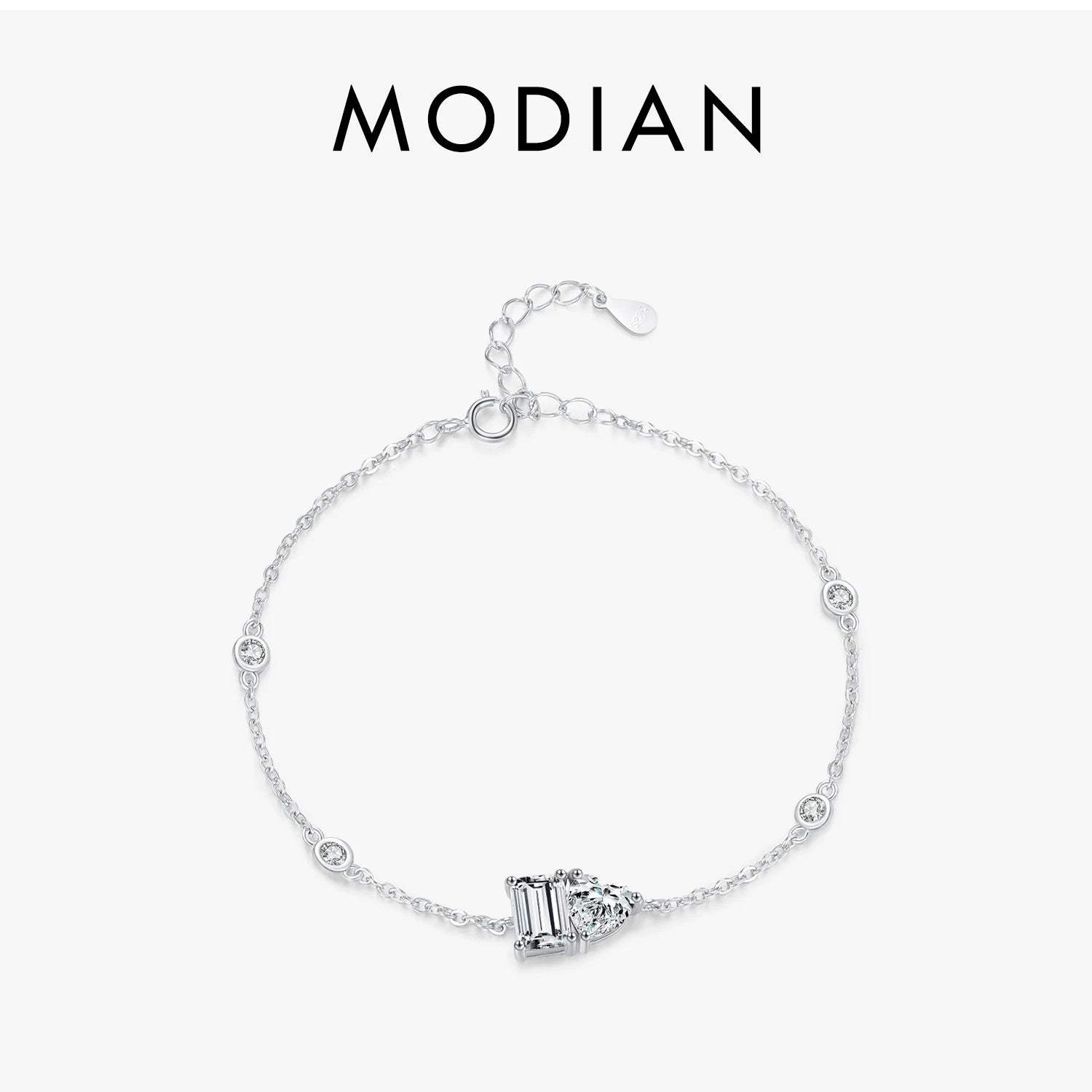 MODIAN 925 Sterling Silver Hearts & Rectangle Emerald Cut Zirconia Wedding Bracelets Classic Romantic Jewelry For Women Gifts