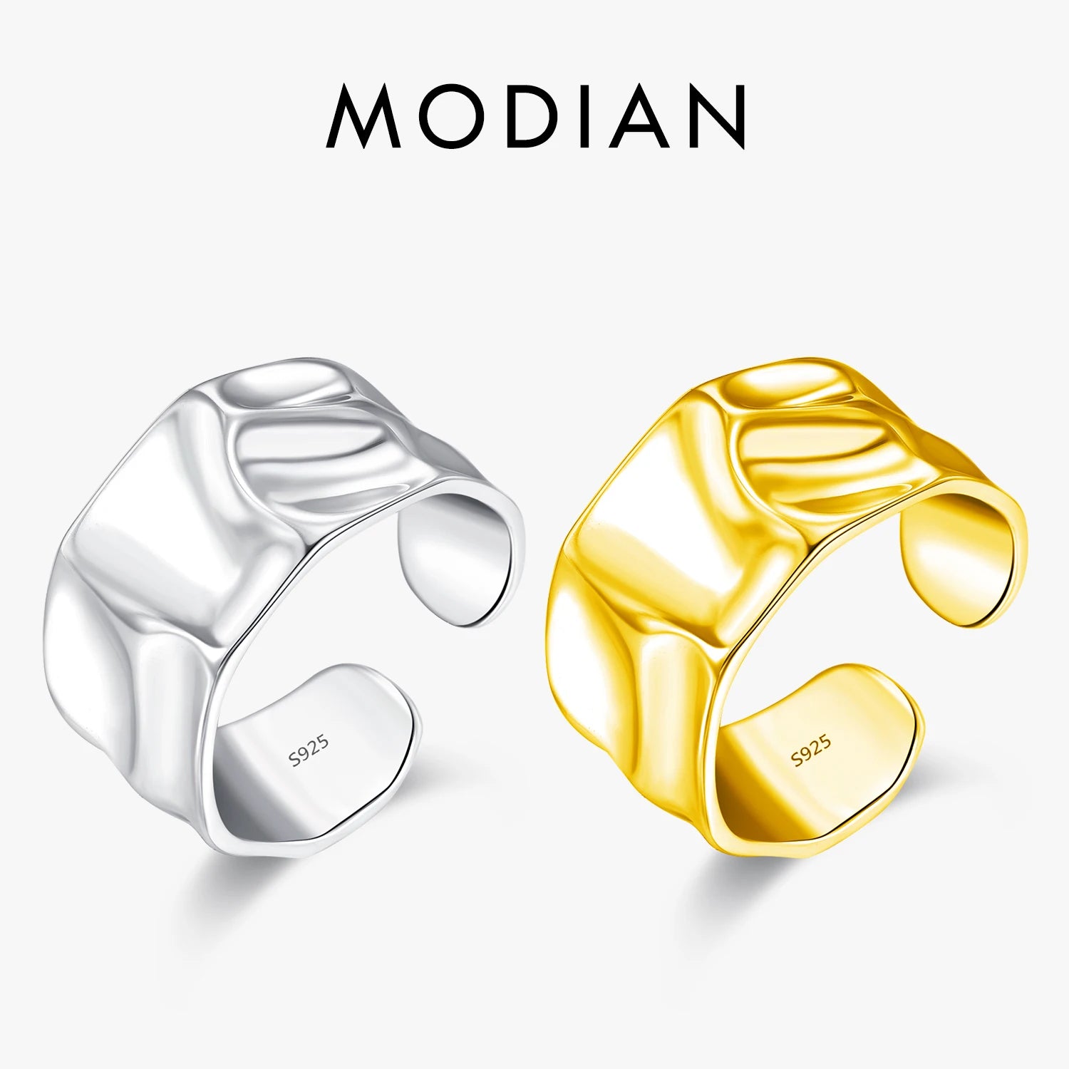 MODIAN 925 Sterling Silver Irregular Texture Stackable Finger Ring Wide Style Adjustable Fine Jewelry For Women
