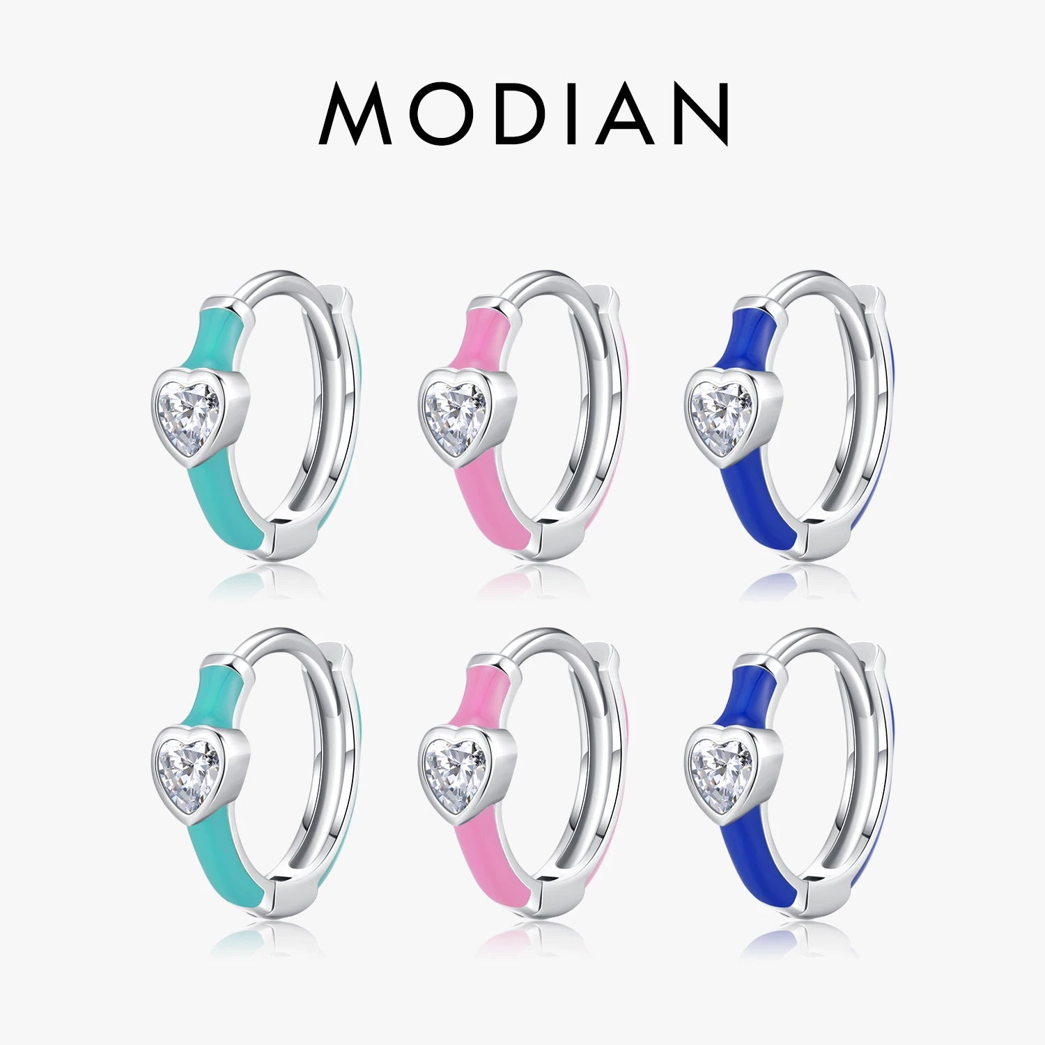 MODIAN 925 Sterling Silver Klein Blue Enamel Hearts Hoop Earrings Romantic CZ Small Ear Buckles For Women Wedding Jewelry