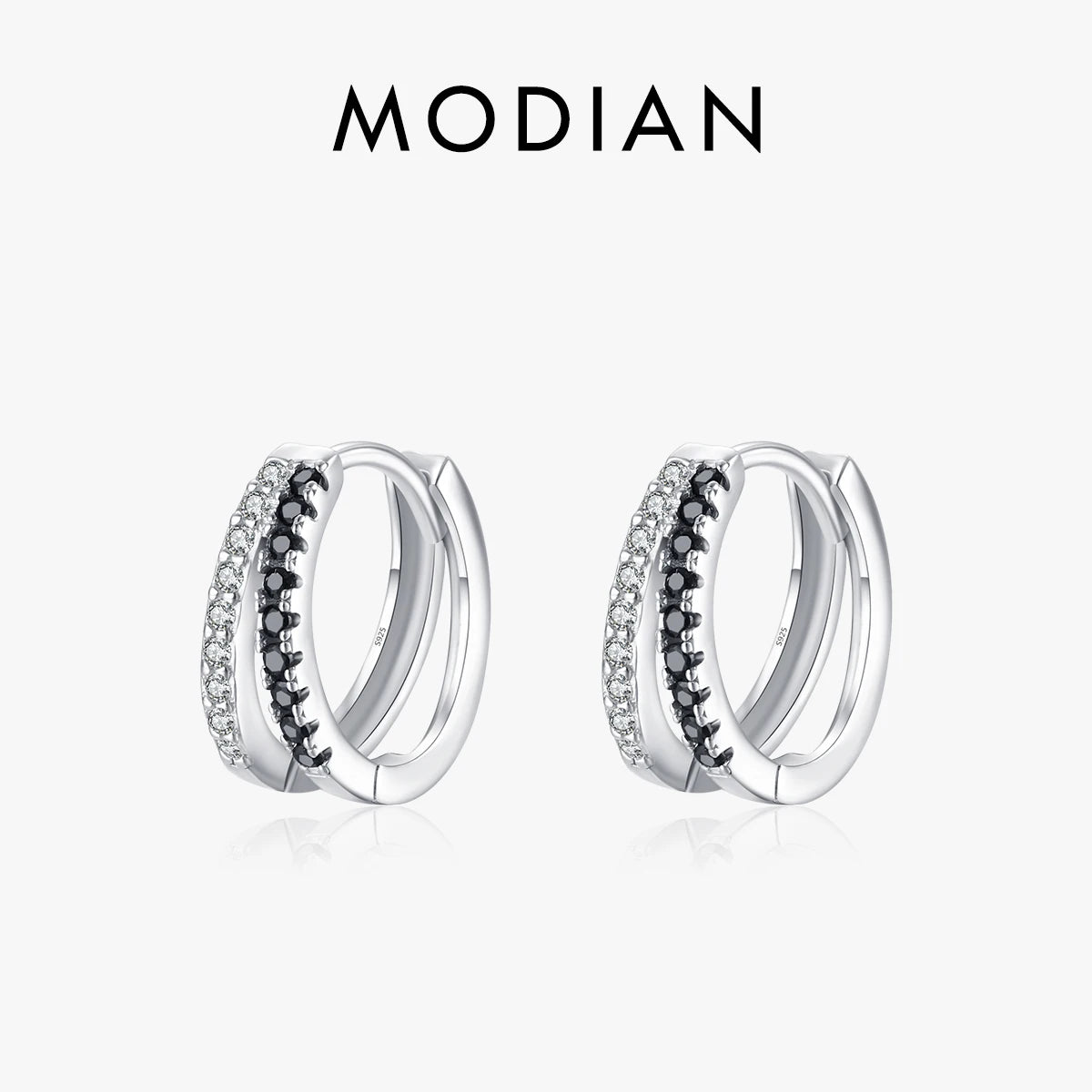MODIAN 925 Sterling Silver Line Simple Black & White Zirconia Trendy Hoop Earrings Classic Round Ear Buckles For Women Jewelry