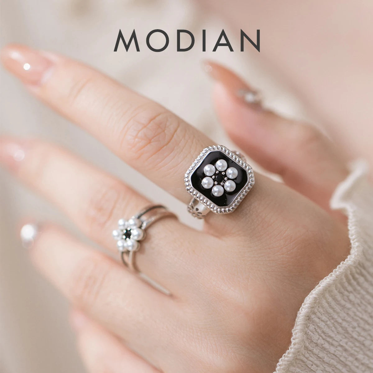 MODIAN 925 Sterling Silver Luxury Black Enamel Flowers Square Adjustable Size 6-8 Finger Rings Elegant Fine Jewelry For Women