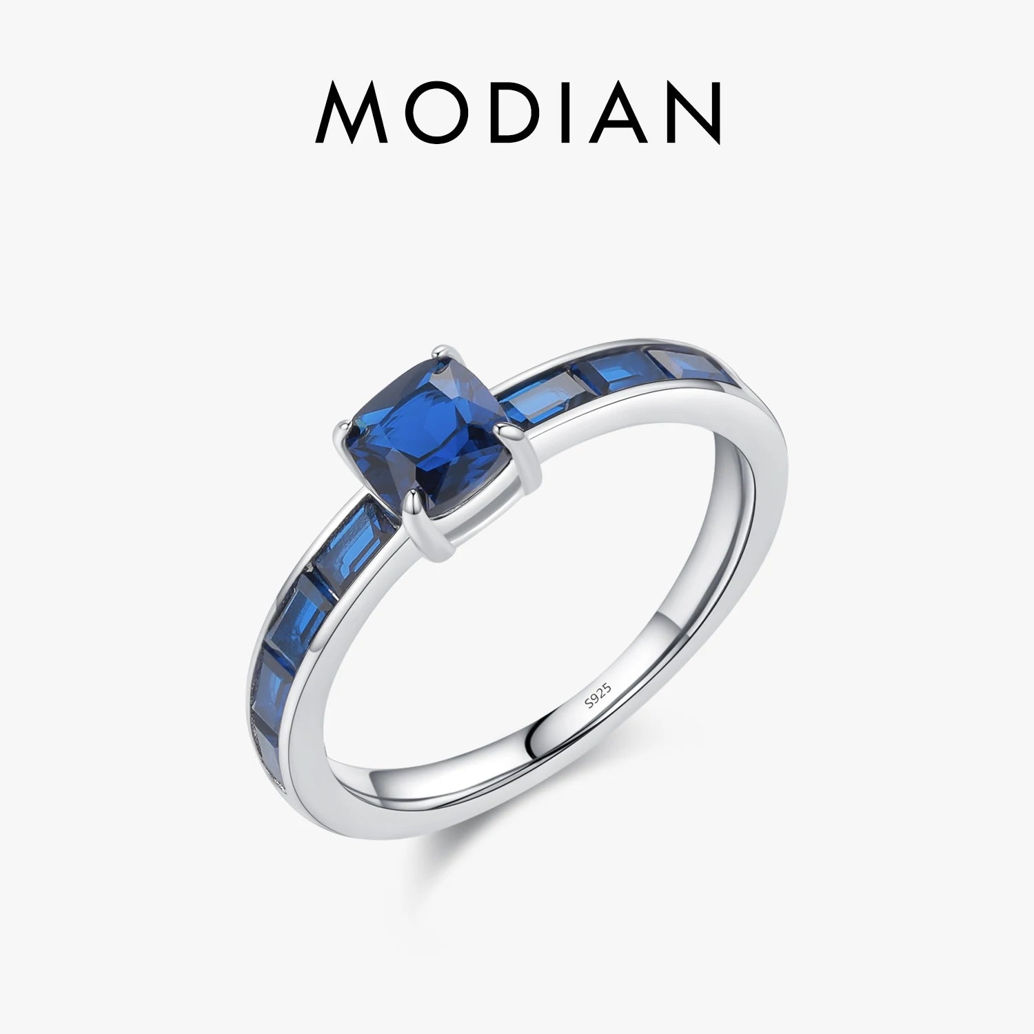 MODIAN 925 Sterling Silver Luxury Square Blue Cubic Zirconia Ring Classic Romantic Rings for Women Wedding Gift Fine Jewelry