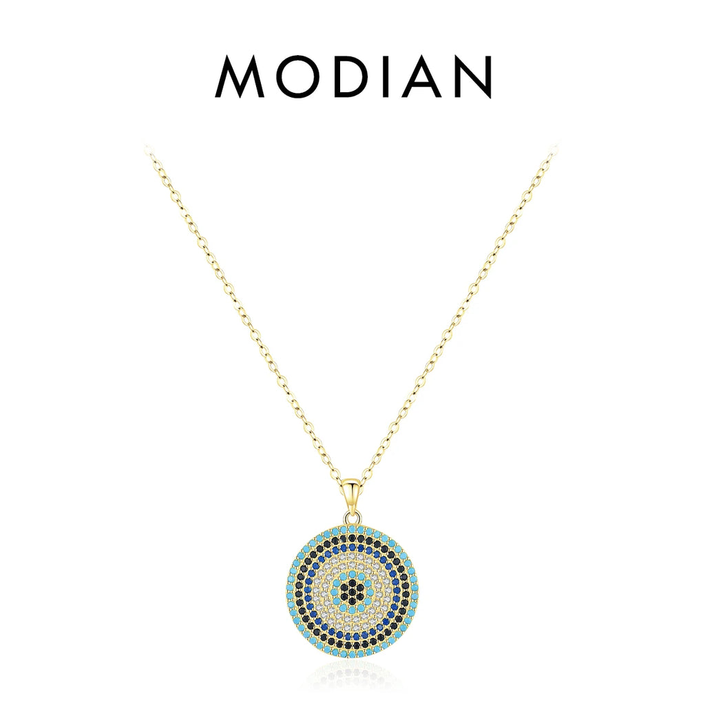 MODIAN 925 Sterling Silver Luxury Vintage Pendant Necklace Turquoise Blue Clear CZ Link Chain For Women Fine Jewelry Gifts