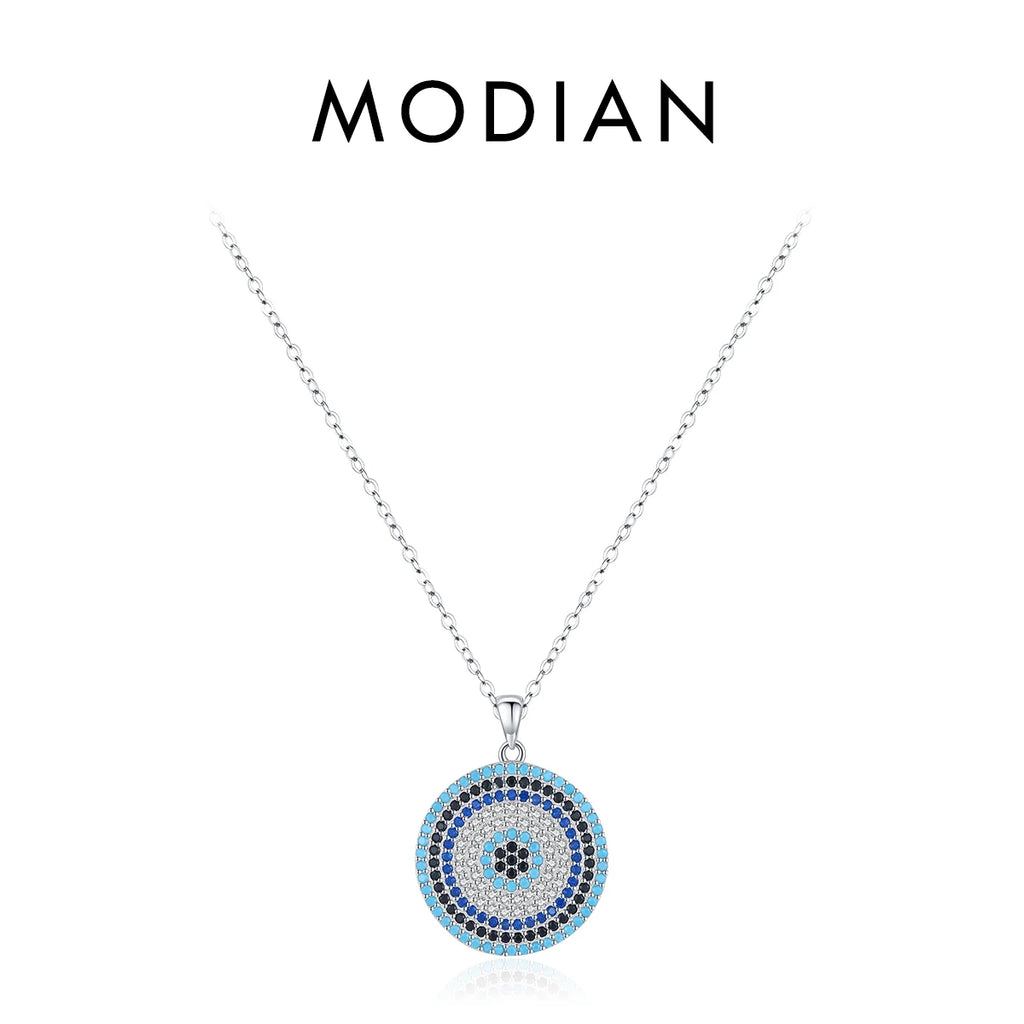 MODIAN 925 Sterling Silver Luxury Vintage Pendant Necklace Turquoise Blue Clear CZ Link Chain For Women Fine Jewelry Gifts