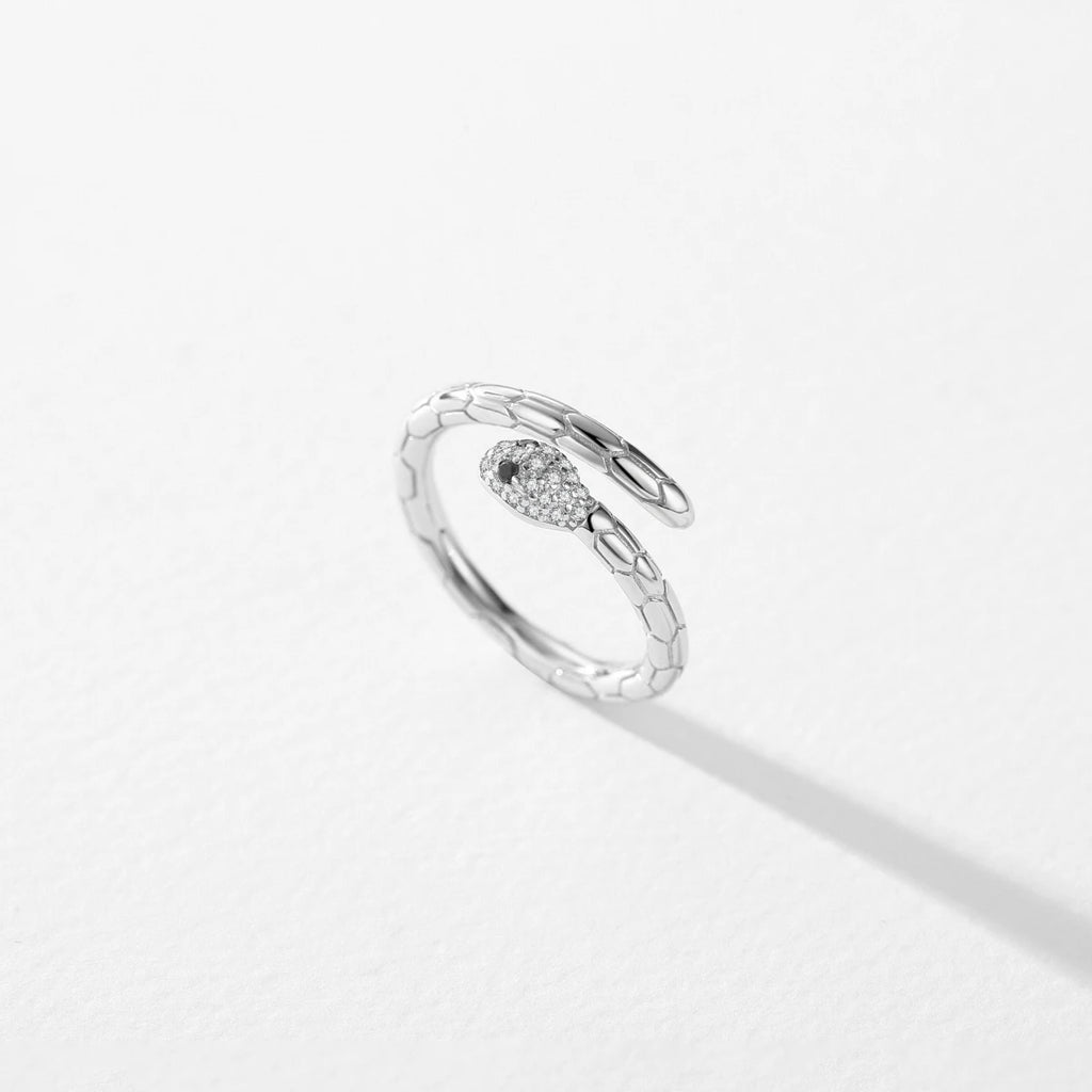 MODIAN 925 Sterling Silver Platinum Plated Adjustable Snake Ring Trendy Black Zircon Vintage Textures Jewelry For Women Gifts