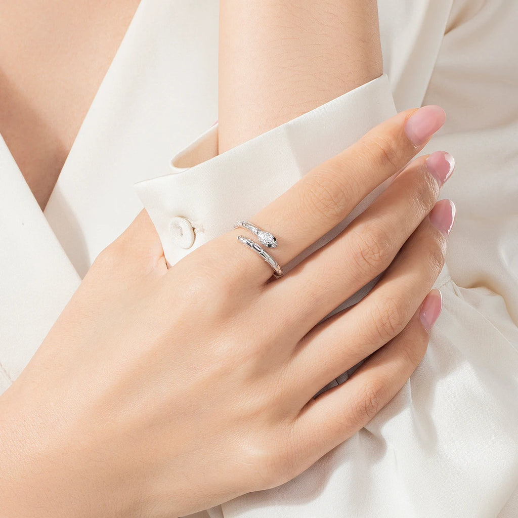 MODIAN 925 Sterling Silver Platinum Plated Adjustable Snake Ring Trendy Black Zircon Vintage Textures Jewelry For Women Gifts