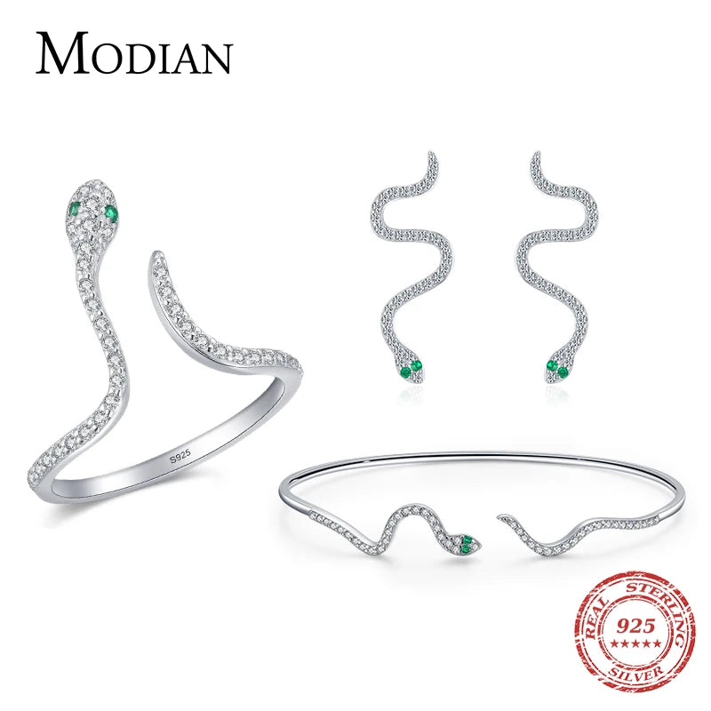 MODIAN 925 Sterling Silver Punk  Exquisite  Clear CZ Snake Adjustable Rings Bangle Earrings For Women Fine Jewelry Sets