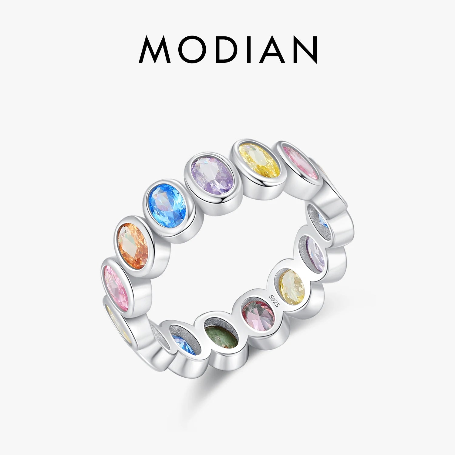 MODIAN 925 Sterling Silver Rainbow Color Cubic Zirconia Rings Luxury Wedding Engagement Rings Band For Women Jewelry