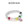 MODIAN 925 Sterling Silver Rainbow Colorful Beads Adjustable Finger Ring Trendy Stackable Fine Jewelry For Women Girls Gifts