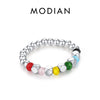 MODIAN 925 Sterling Silver Rainbow Colorful Beads Adjustable Finger Ring Trendy Stackable Fine Jewelry For Women Girls Gifts