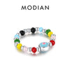MODIAN 925 Sterling Silver Rainbow Colorful Beads Adjustable Finger Ring Trendy Stackable Fine Jewelry For Women Girls Gifts