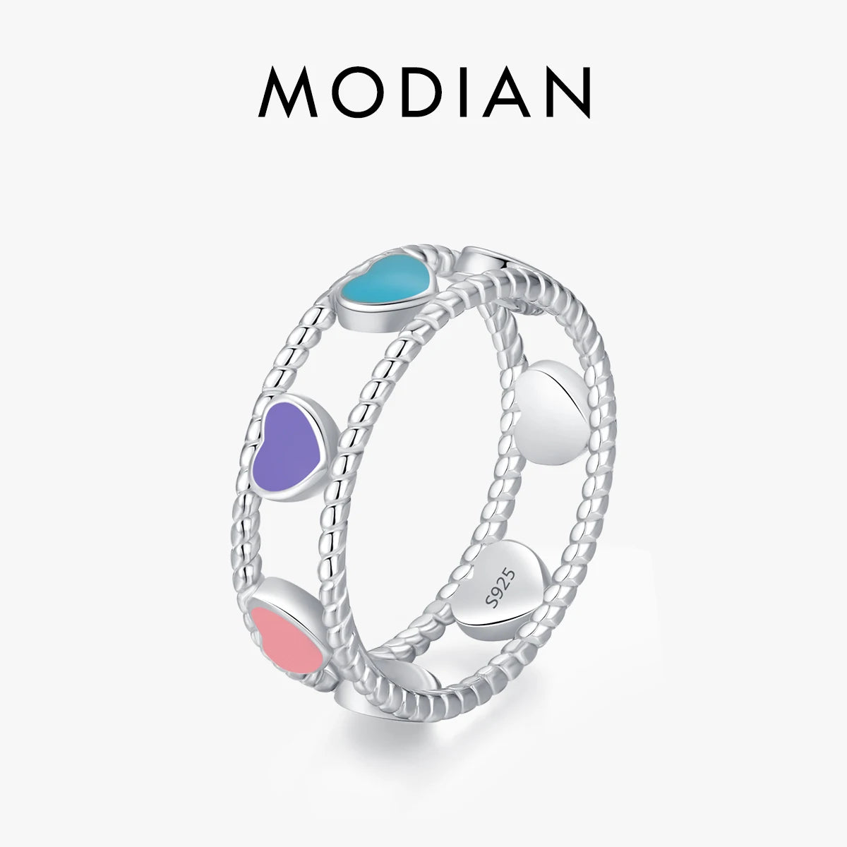 MODIAN 925 Sterling Silver Rainbow Colorful Hearts To Hearts Enamel Finger Ring For Women Fine Jewelry Valentine’s Day Gifts