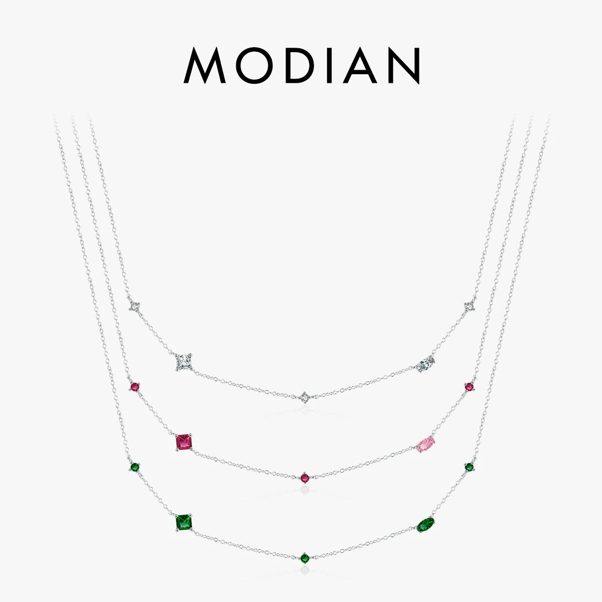 MODIAN 925 Sterling Silver Rainbow Colorful Zirconia Pendant Necklace Shiny Geometric Chain Neck For Women Party Jewelry Gift