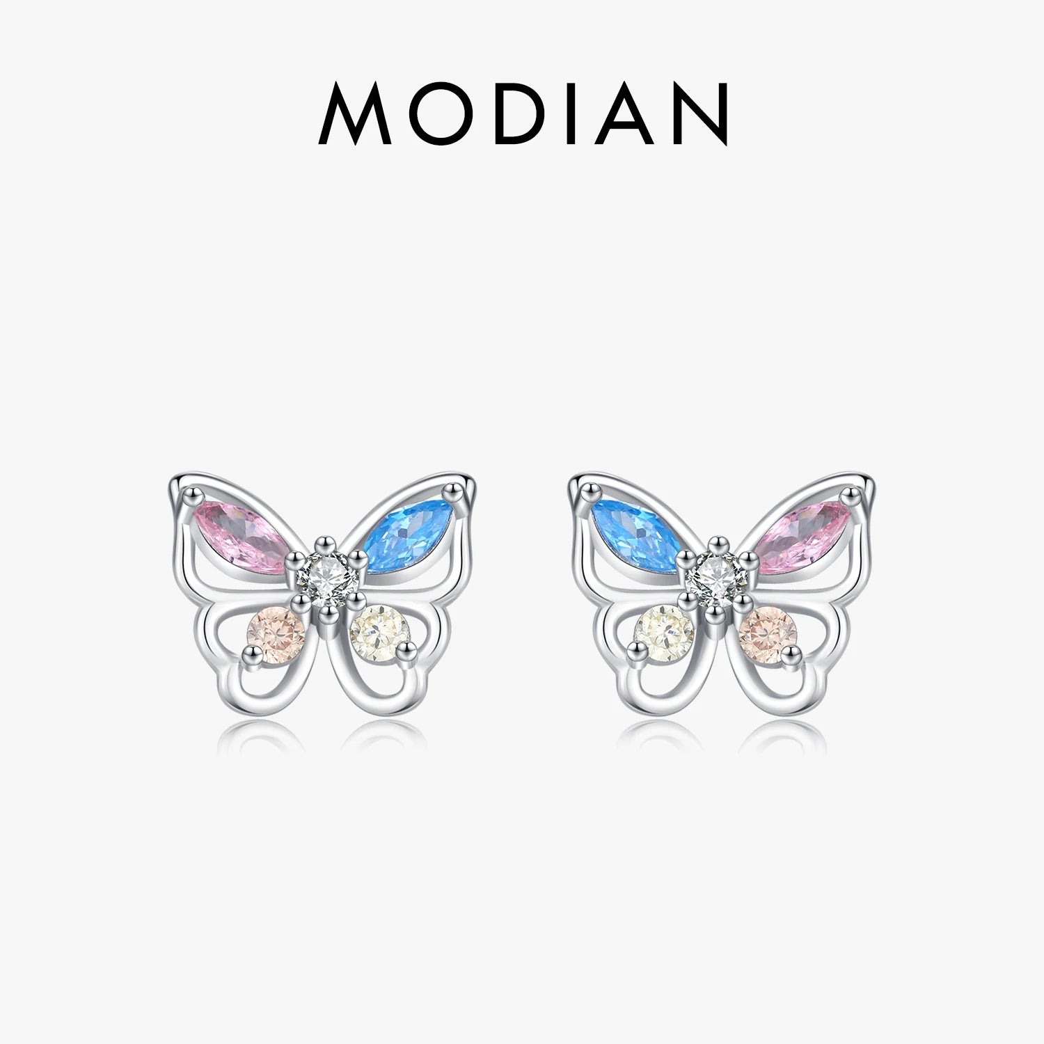 MODIAN 925 Sterling Silver Rainbow Colorful Zirconia Stud Earrings Luxury Hollow Butterfly Fine Jewelry For Women Christmas Gift