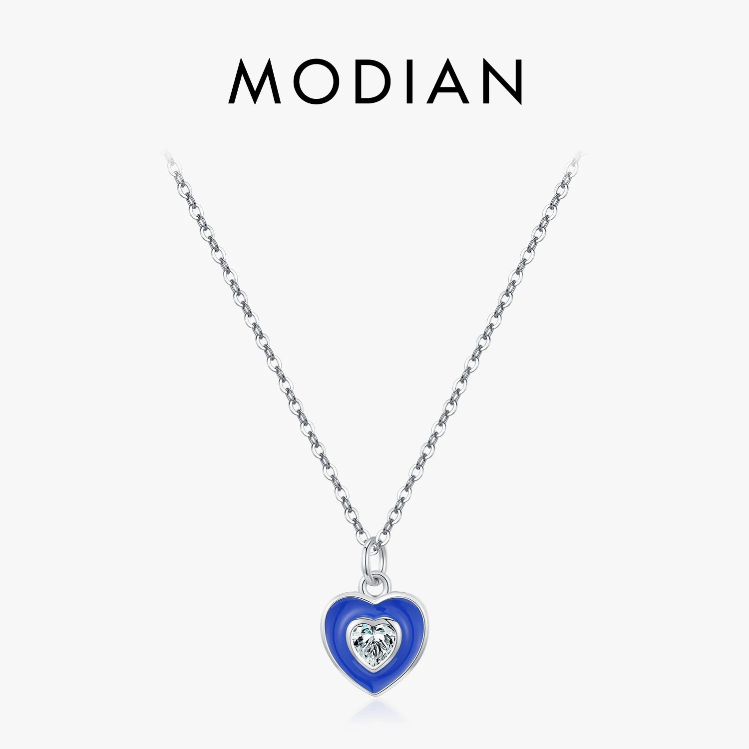 MODIAN 925 Sterling Silver Romantic Heart Klein Blue Enamel Pendant Necklace Shiny CZ Chain Neck For Women Fine Jewelry