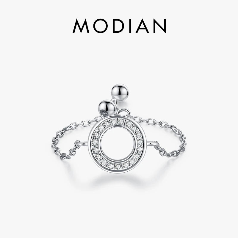 MODIAN 925 Sterling Silver Round Circle Finger Rings For Women Clear Cubic Zirconia Adjustable Link Chain Ring Fine Jewelry