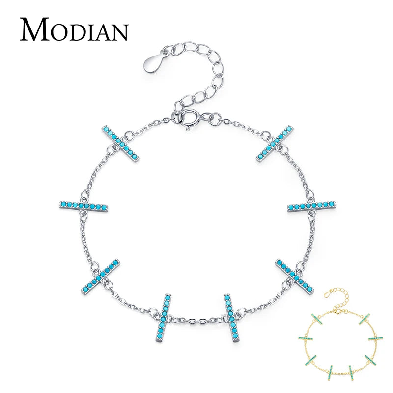MODIAN 925 Sterling Silver Simple Natural Turquoise Charm Link Chain Bracelet For Women Vintage Jewelry Pulseira