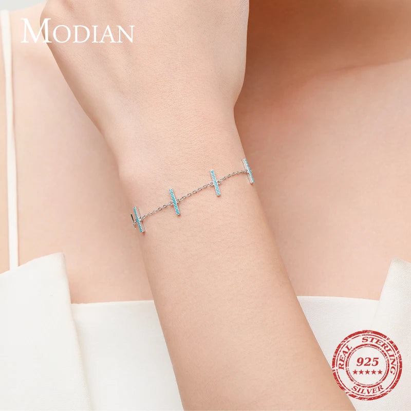 MODIAN 925 Sterling Silver Simple Natural Turquoise Charm Link Chain Bracelet For Women Vintage Jewelry Pulseira