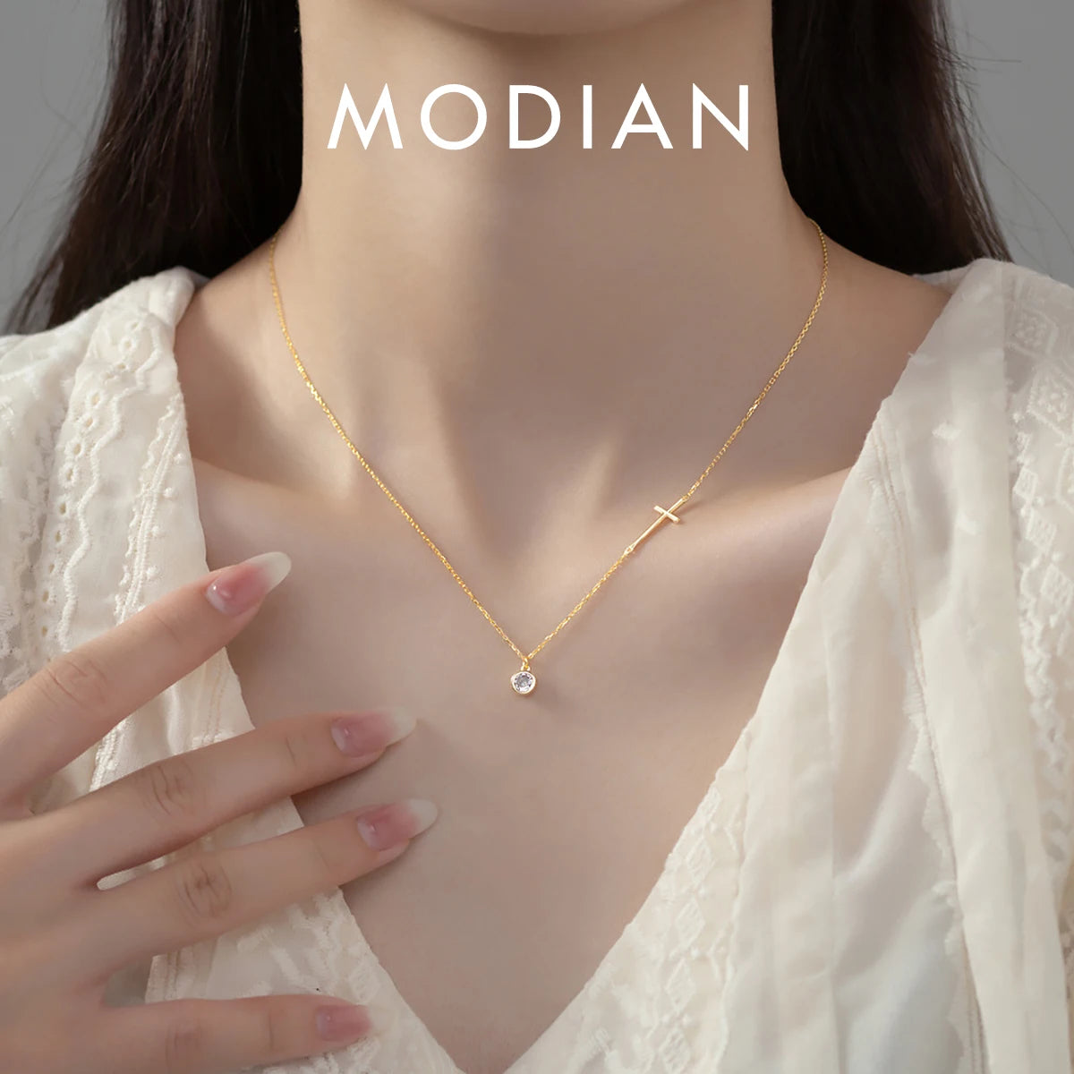 MODIAN 925 Sterling Silver Simple Round Zircon Pendants Trendy Gold Color Cross Link Chain Necklace For Women Fine Jewelry Gift