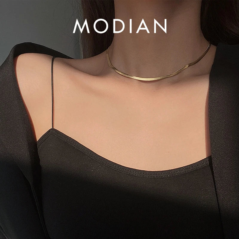 MODIAN 925 Sterling Silver Simple Snake Chain Necklace Trendy Gold Color Neck Chain For Women Engagement Wedding Fine Jewelry