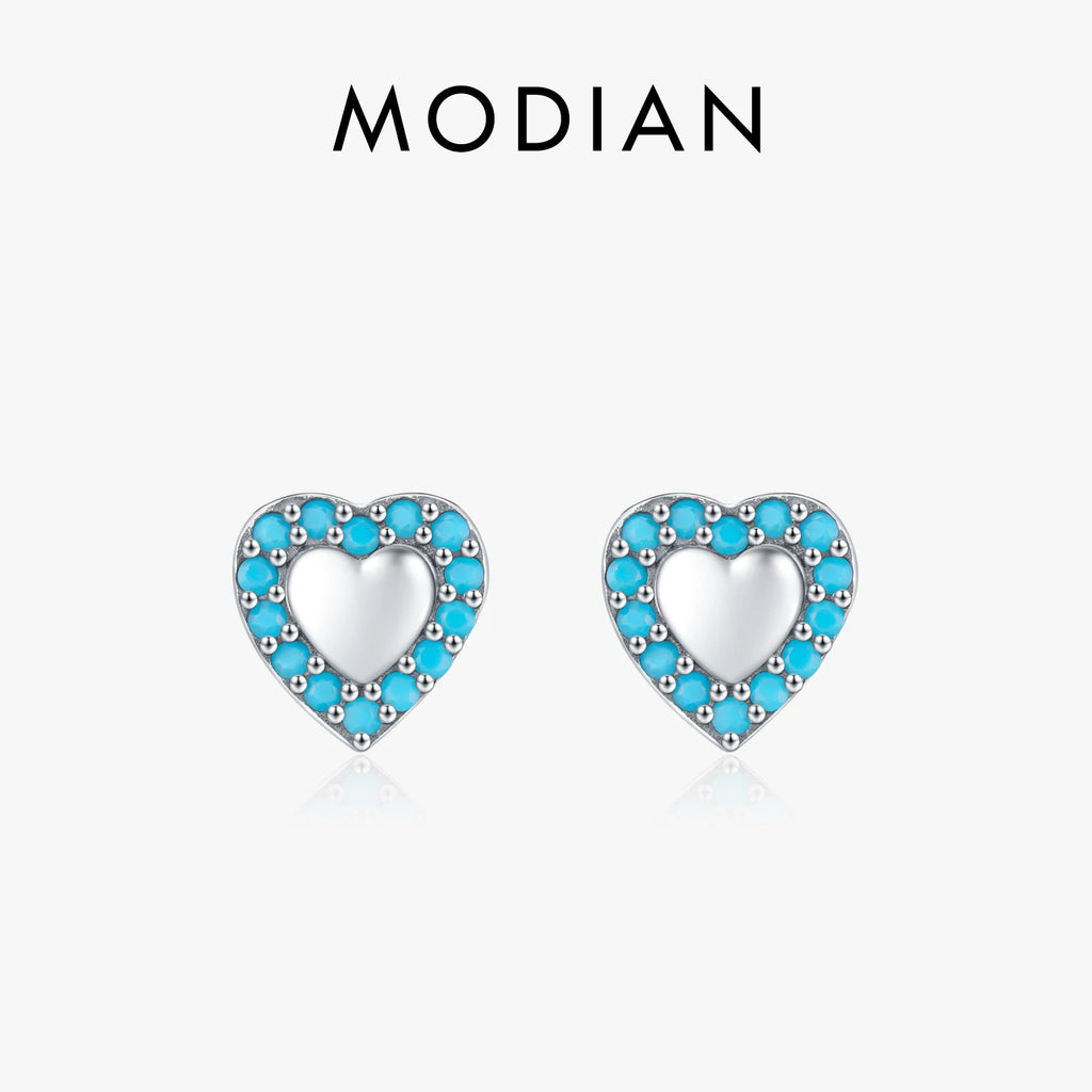 MODIAN 925 Sterling Silver Small Hearts Vintage Turquoise Stud Earrings Classic Stackable Fine Jewelry For Women Gifts