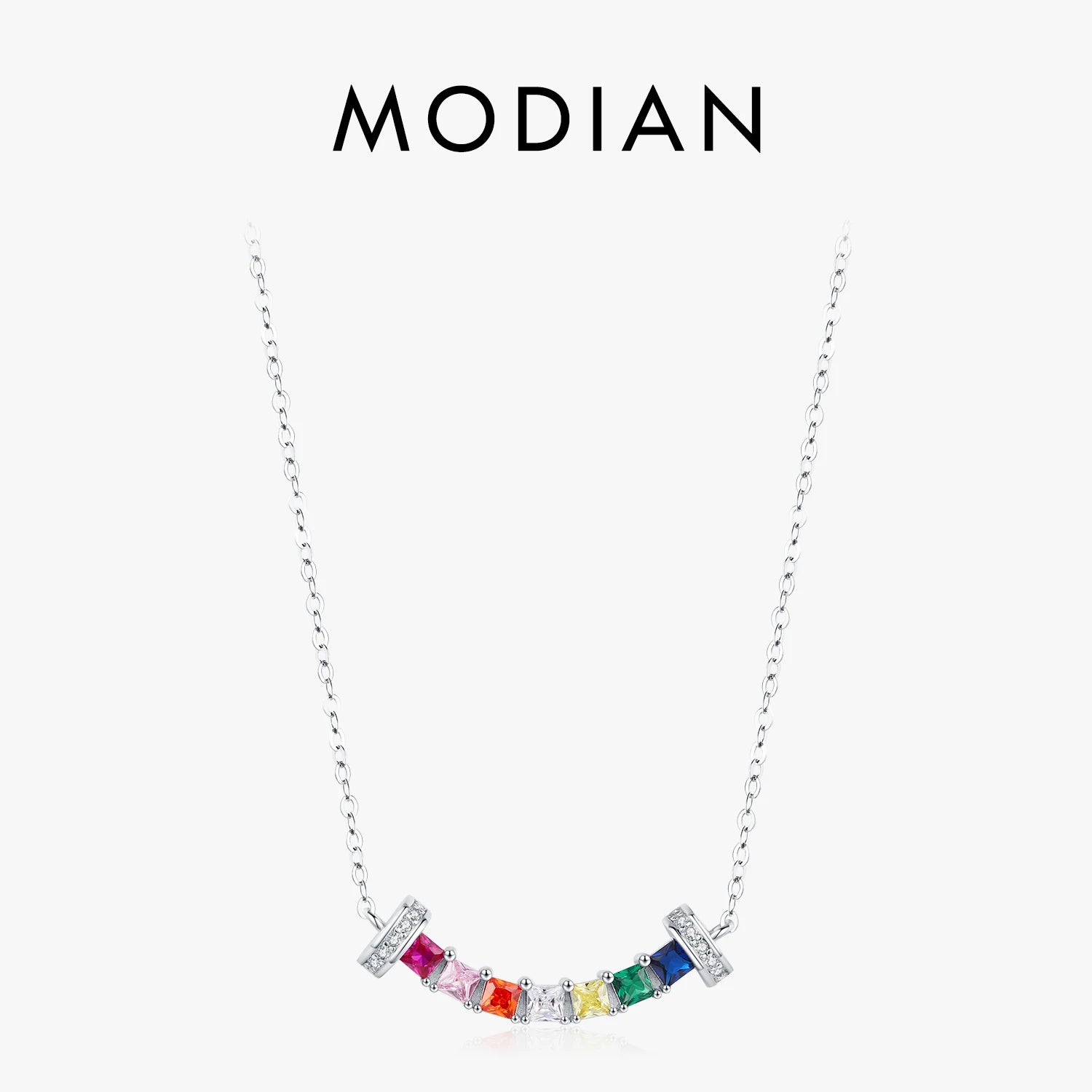 MODIAN 925 Sterling Silver Smile Square Rainbow Colorful Zirconia Pendant Necklace Neck Chain For Women Fine Jewelry