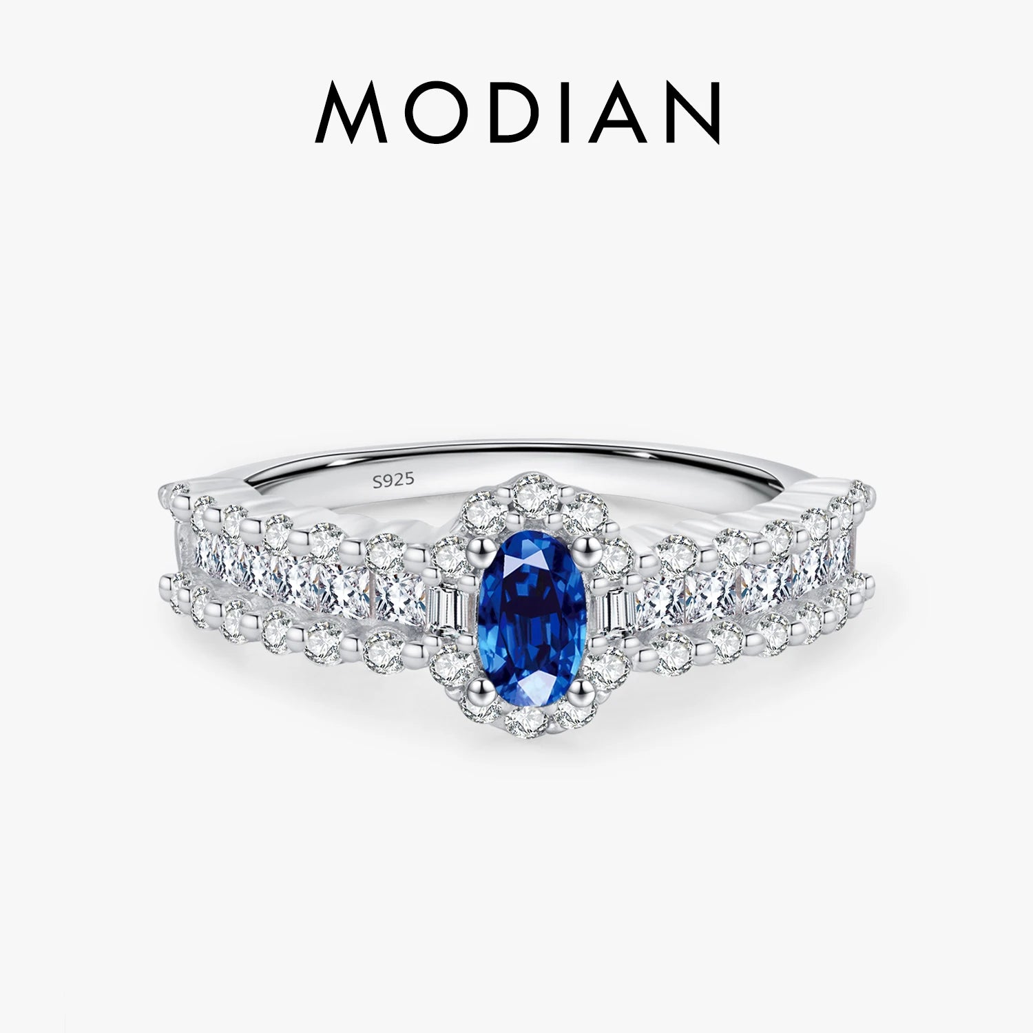 MODIAN 925 Sterling Silver Sparkling Royal Blue Oval CZ Luxury Ring Classic Wedding Anniversary Fine Jewelry For Women Gifts