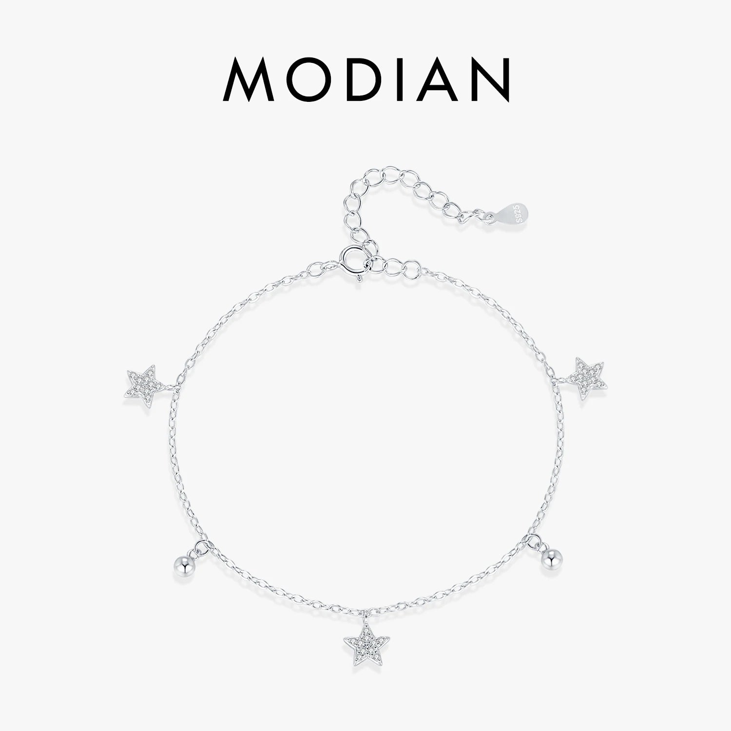 MODIAN 925 Sterling Silver Stars & Beads Charm Pendant Bracelets Gold Color Stackable Link Chain For Women Party Jewelry