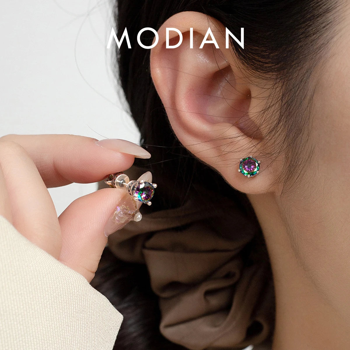 MODIAN 925 Sterling Silver Trendy Double Side Crown Rainbow Color Round Zirconia Sutd Earrings Vintage Fine Jewelry For Women