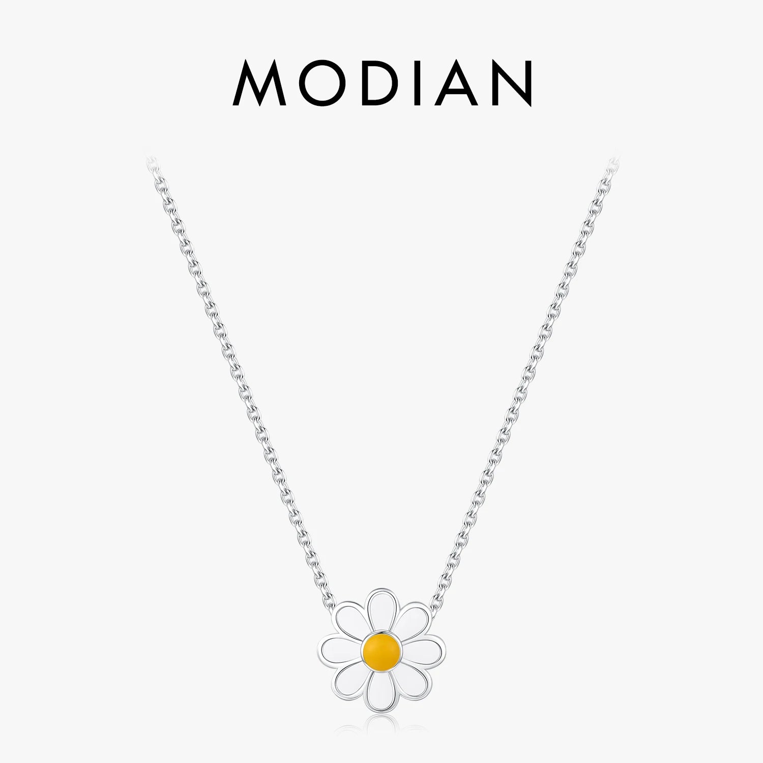 MODIAN 925 Sterling Silver White Enamel Flower Pendant Necklace Charm Daisy Neck Link Chain For Women Hypoallergenic Jewelry