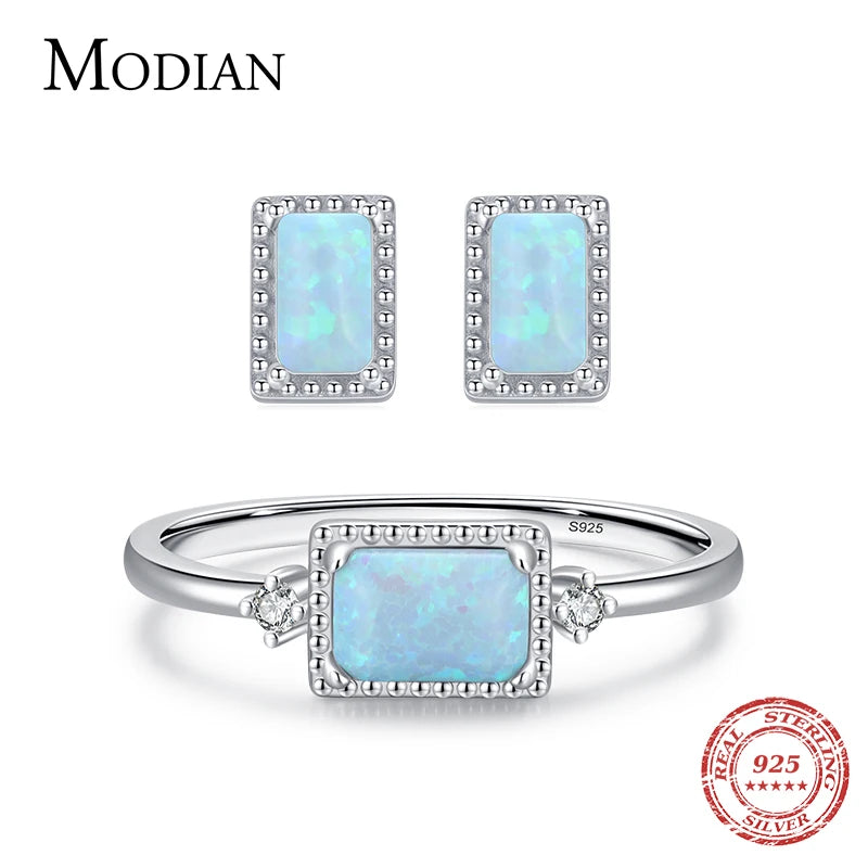 MODIAN Authentic 925 Sterling Silver Jewelry Set Exquisite Natural Opal Rings & Earrings For Women Wedding Engagement Jewelry