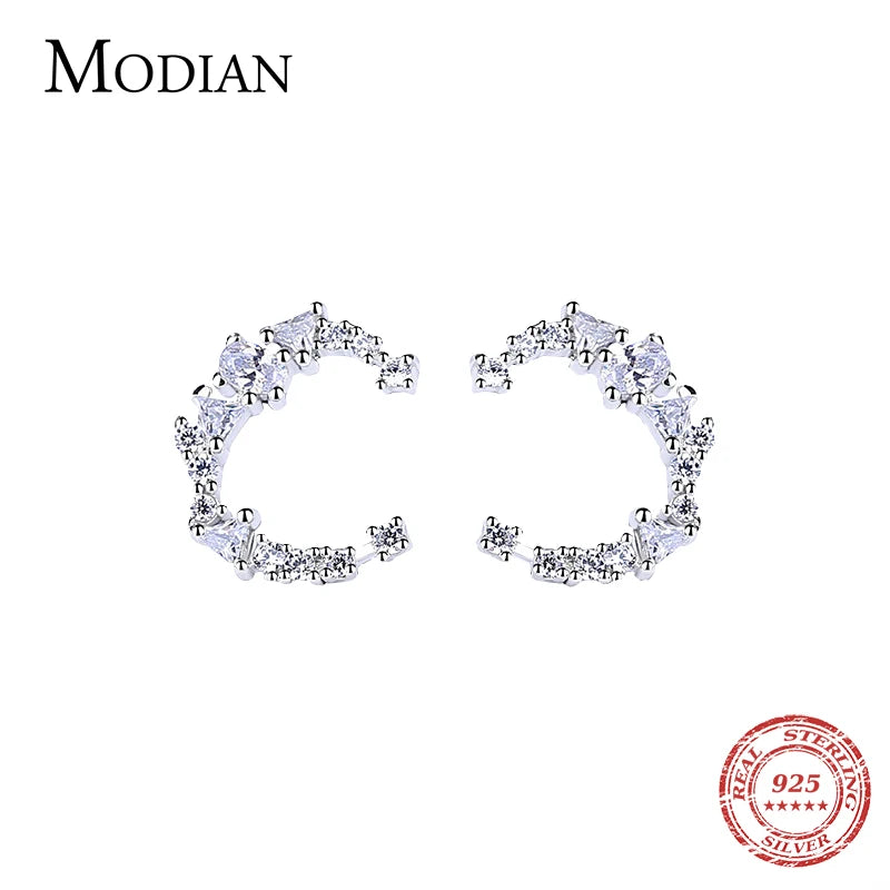 MODIAN Authentic 925 Sterling Silver Luminous Cubic Zircon Irregular Moon Stud Earrings for Women Sterling Silver Jewelry BSE030