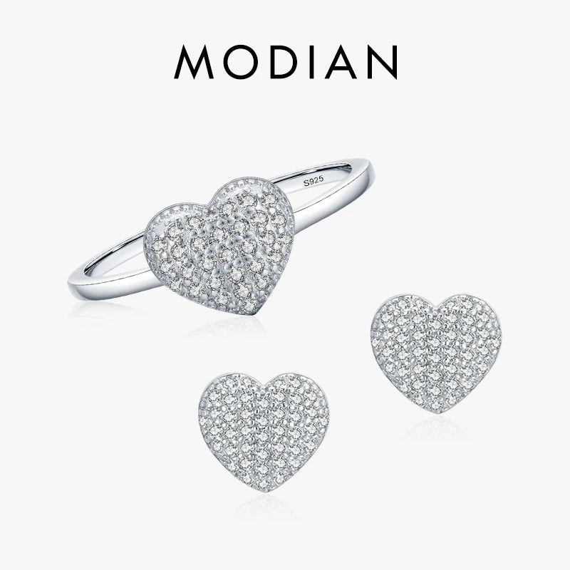 MODIAN Authentic 925 Sterling Silver Romantic Heart Love Sparkling Clear Cubic Zircon Jewelry Sets For Women Anniversary Gifts