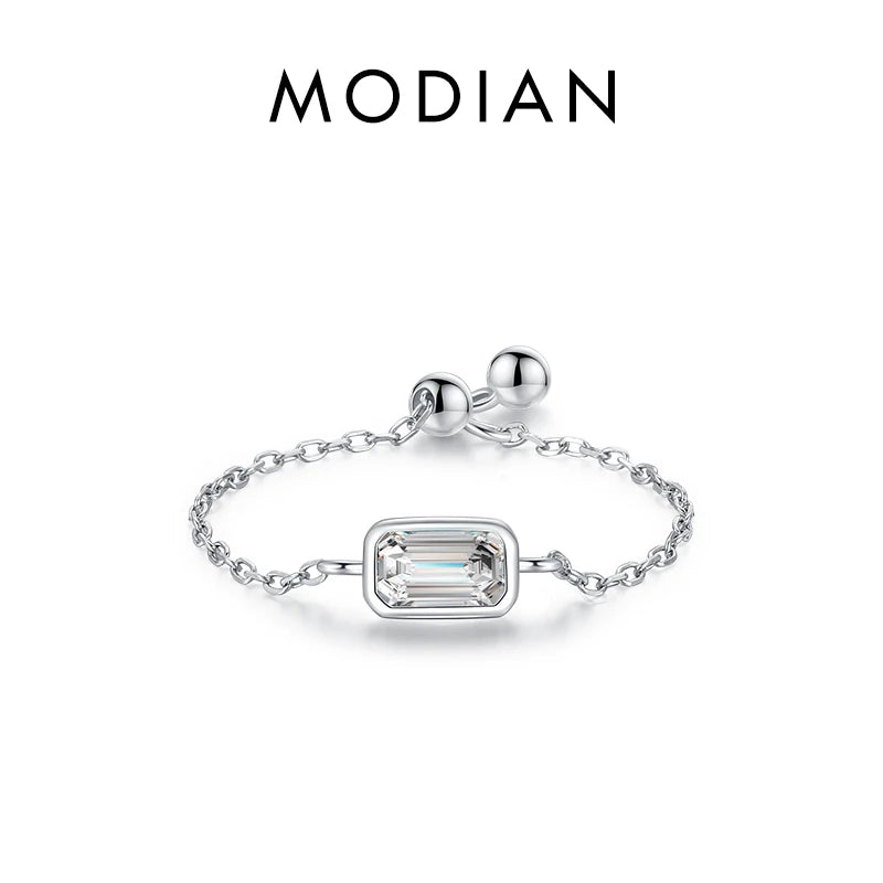 MODIAN Authentic 925 Sterling Silver Vintage Emerald Cut Ring For Women Exquisite Adjustable Link Chain Rings Fine Jewelry