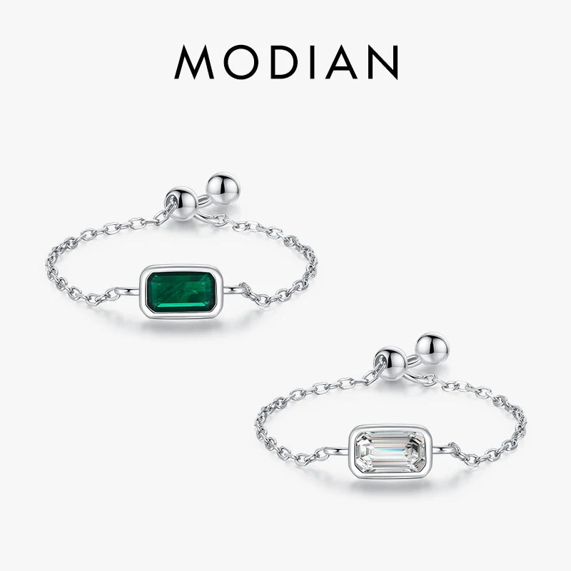 MODIAN Authentic 925 Sterling Silver Vintage Emerald Cut Ring For Women Exquisite Adjustable Link Chain Rings Fine Jewelry