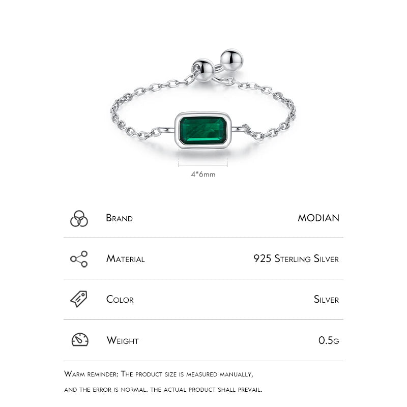 MODIAN Authentic 925 Sterling Silver Vintage Emerald Cut Ring For Women Exquisite Adjustable Link Chain Rings Fine Jewelry
